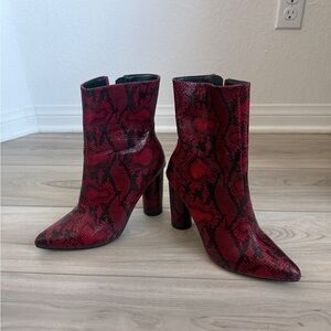 Fashion Nova Burgundy Snake Print Heeled Boots